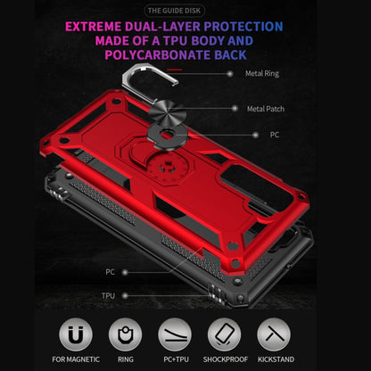 Red rugged phone case with metal ring, TPU sides, and PC back for protection.