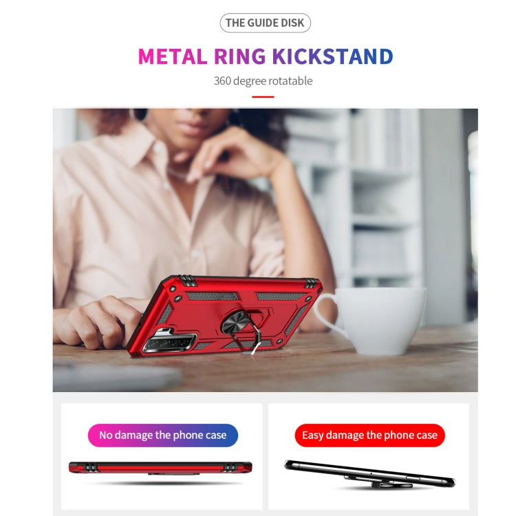 Red rugged phone case with ring kickstand propping the phone on a table.