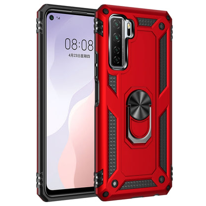 Red shockproof phone case with rotating ring holder, rugged TPU/PC