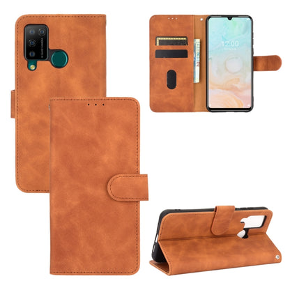 Brown flip PU leather phone case with magnetic buckle, card slots, and wallet pocket