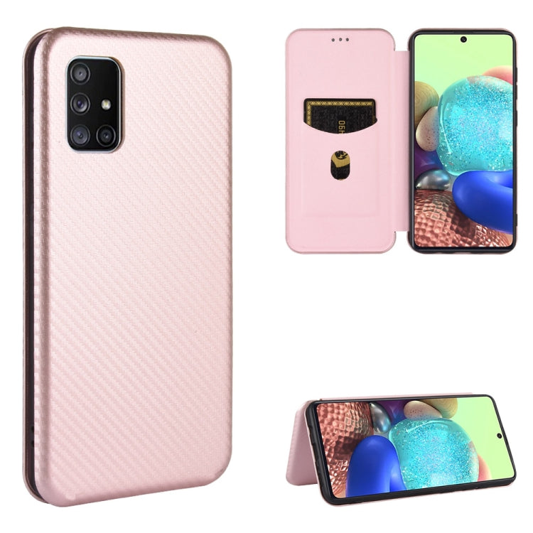 Pink magnetic flip phone case with carbon-fiber texture and card slot, side cutout