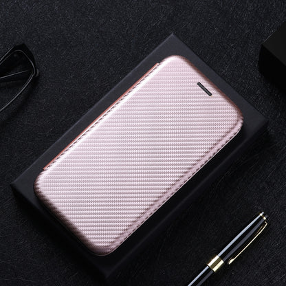 Pink carbon-fiber texture flip phone case with card slot, lying flat on black surface