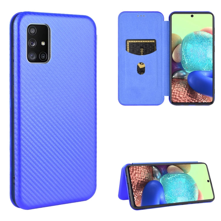 Blue magnetic flip phone case with carbon-fiber texture and card slot