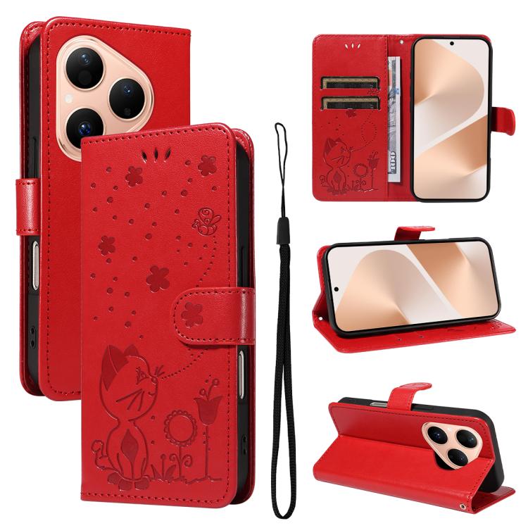 Cat and Bee Embossed Flip Leather Phone Case, For Huawei Pura 90 Pro Max 5G, For Huawei Pura 90 Pro 5G, For Huawei Pura 90 5G, For Huawei Nova 14 Lite / Nova 14, For Huawei Pura 80 Ultra 5G, For Huawei Pura 80 Pro 5G, For Huawei Pura 80 5G