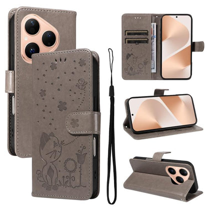 Cat and Bee Embossed Flip Leather Phone Case, For Huawei Pura 90 Pro Max 5G, For Huawei Pura 90 Pro 5G, For Huawei Pura 90 5G, For Huawei Nova 14 Lite / Nova 14, For Huawei Pura 80 Ultra 5G, For Huawei Pura 80 Pro 5G, For Huawei Pura 80 5G