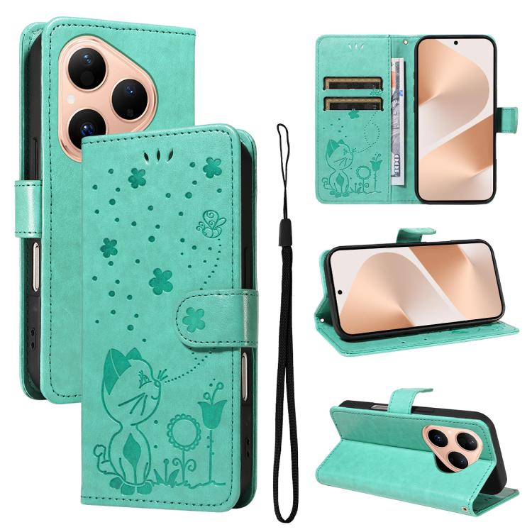 Cat and Bee Embossed Flip Leather Phone Case, For Huawei Pura 90 Pro Max 5G, For Huawei Pura 90 Pro 5G, For Huawei Pura 90 5G, For Huawei Nova 14 Lite / Nova 14, For Huawei Pura 80 Ultra 5G, For Huawei Pura 80 Pro 5G, For Huawei Pura 80 5G
