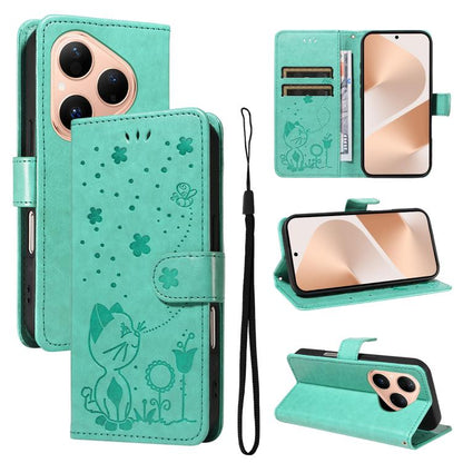 Cat and Bee Embossed Flip Leather Phone Case, For Huawei Pura 90 Pro Max 5G, For Huawei Pura 90 Pro 5G, For Huawei Pura 90 5G, For Huawei Nova 14 Lite / Nova 14, For Huawei Pura 80 Ultra 5G, For Huawei Pura 80 Pro 5G, For Huawei Pura 80 5G