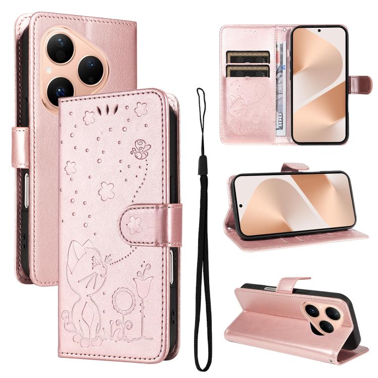 Cat and Bee Embossed Flip Leather Phone Case, For Huawei Pura 90 Pro Max 5G, For Huawei Pura 90 Pro 5G, For Huawei Pura 90 5G, For Huawei Nova 14 Lite / Nova 14, For Huawei Pura 80 Ultra 5G, For Huawei Pura 80 Pro 5G, For Huawei Pura 80 5G