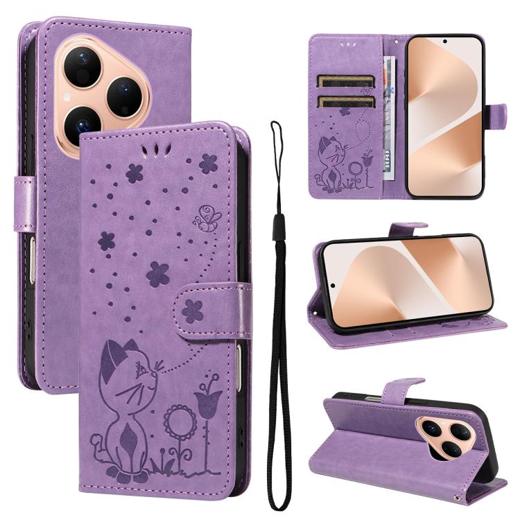 Cat and Bee Embossed Flip Leather Phone Case, For Huawei Pura 90 Pro Max 5G, For Huawei Pura 90 Pro 5G, For Huawei Pura 90 5G, For Huawei Nova 14 Lite / Nova 14, For Huawei Pura 80 Ultra 5G, For Huawei Pura 80 Pro 5G, For Huawei Pura 80 5G