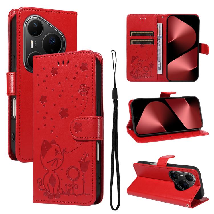 Cat and Bee Embossed Flip Leather Phone Case, For Huawei Pura 90 Pro Max 5G, For Huawei Pura 90 Pro 5G, For Huawei Pura 90 5G, For Huawei Nova 14 Lite / Nova 14, For Huawei Pura 80 Ultra 5G, For Huawei Pura 80 Pro 5G, For Huawei Pura 80 5G