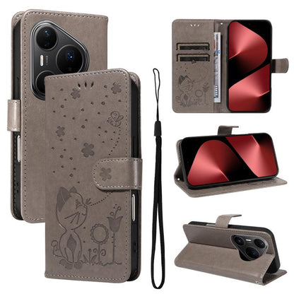 Cat and Bee Embossed Flip Leather Phone Case, For Huawei Pura 90 Pro Max 5G, For Huawei Pura 90 Pro 5G, For Huawei Pura 90 5G, For Huawei Nova 14 Lite / Nova 14, For Huawei Pura 80 Ultra 5G, For Huawei Pura 80 Pro 5G, For Huawei Pura 80 5G