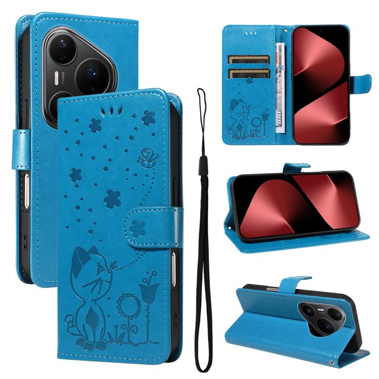 Cat and Bee Embossed Flip Leather Phone Case, For Huawei Pura 90 Pro Max 5G, For Huawei Pura 90 Pro 5G, For Huawei Pura 90 5G, For Huawei Nova 14 Lite / Nova 14, For Huawei Pura 80 Ultra 5G, For Huawei Pura 80 Pro 5G, For Huawei Pura 80 5G