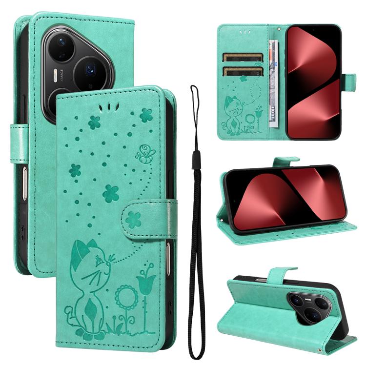 Cat and Bee Embossed Flip Leather Phone Case, For Huawei Pura 90 Pro Max 5G, For Huawei Pura 90 Pro 5G, For Huawei Pura 90 5G, For Huawei Nova 14 Lite / Nova 14, For Huawei Pura 80 Ultra 5G, For Huawei Pura 80 Pro 5G, For Huawei Pura 80 5G