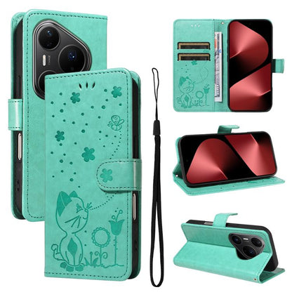 Cat and Bee Embossed Flip Leather Phone Case, For Huawei Pura 90 Pro Max 5G, For Huawei Pura 90 Pro 5G, For Huawei Pura 90 5G, For Huawei Nova 14 Lite / Nova 14, For Huawei Pura 80 Ultra 5G, For Huawei Pura 80 Pro 5G, For Huawei Pura 80 5G