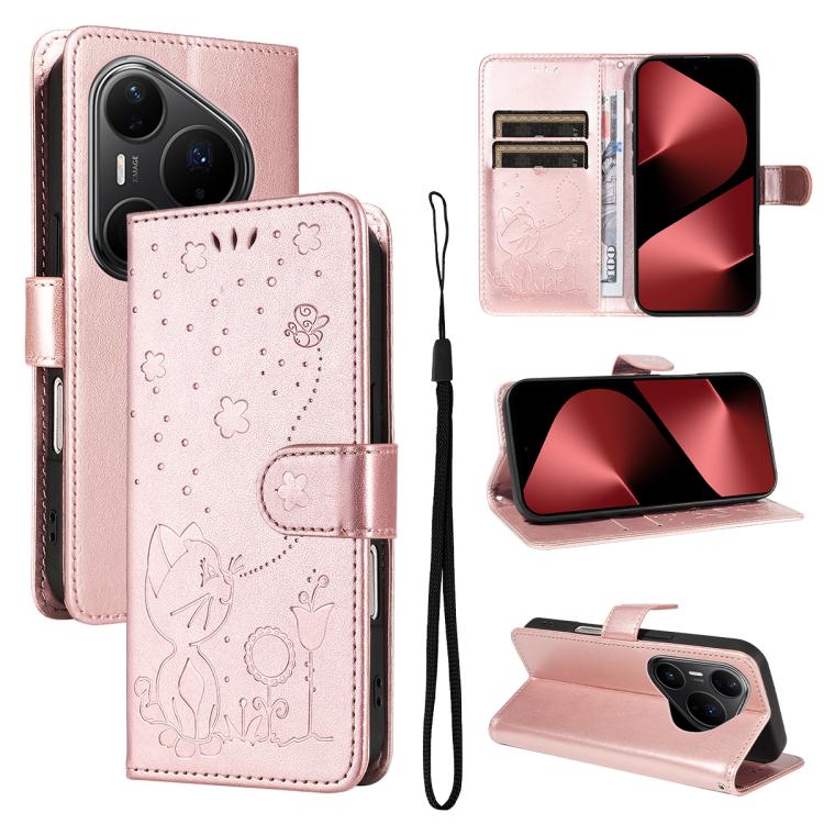Cat and Bee Embossed Flip Leather Phone Case, For Huawei Pura 90 Pro Max 5G, For Huawei Pura 90 Pro 5G, For Huawei Pura 90 5G, For Huawei Nova 14 Lite / Nova 14, For Huawei Pura 80 Ultra 5G, For Huawei Pura 80 Pro 5G, For Huawei Pura 80 5G