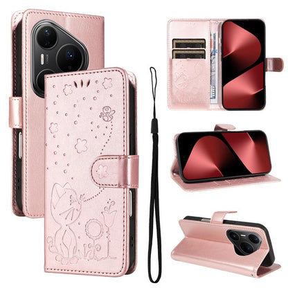 Cat and Bee Embossed Flip Leather Phone Case, For Huawei Pura 90 Pro Max 5G, For Huawei Pura 90 Pro 5G, For Huawei Pura 90 5G, For Huawei Nova 14 Lite / Nova 14, For Huawei Pura 80 Ultra 5G, For Huawei Pura 80 Pro 5G, For Huawei Pura 80 5G