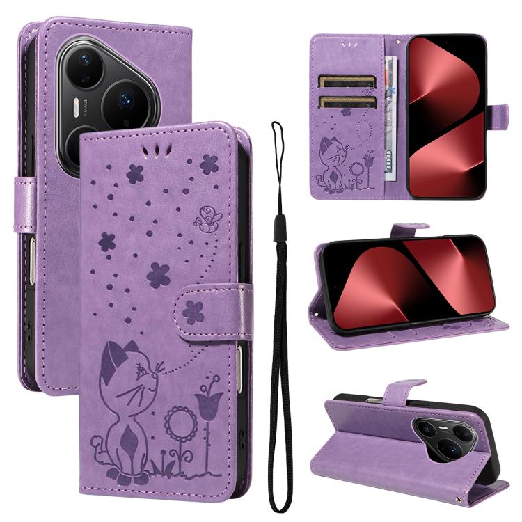 Cat and Bee Embossed Flip Leather Phone Case, For Huawei Pura 90 Pro Max 5G, For Huawei Pura 90 Pro 5G, For Huawei Pura 90 5G, For Huawei Nova 14 Lite / Nova 14, For Huawei Pura 80 Ultra 5G, For Huawei Pura 80 Pro 5G, For Huawei Pura 80 5G