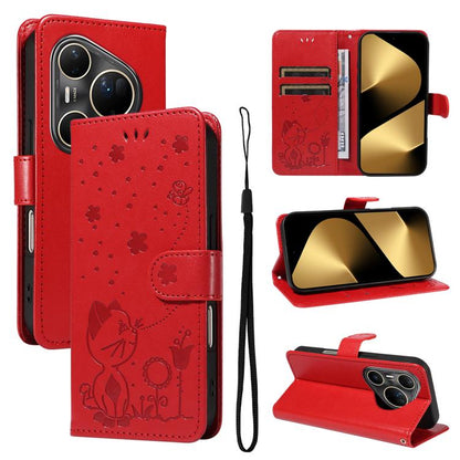 Cat and Bee Embossed Flip Leather Phone Case, For Huawei Pura 90 Pro Max 5G, For Huawei Pura 90 Pro 5G, For Huawei Pura 90 5G, For Huawei Nova 14 Lite / Nova 14, For Huawei Pura 80 Ultra 5G, For Huawei Pura 80 Pro 5G, For Huawei Pura 80 5G