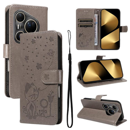Cat and Bee Embossed Flip Leather Phone Case, For Huawei Pura 90 Pro Max 5G, For Huawei Pura 90 Pro 5G, For Huawei Pura 90 5G, For Huawei Nova 14 Lite / Nova 14, For Huawei Pura 80 Ultra 5G, For Huawei Pura 80 Pro 5G, For Huawei Pura 80 5G