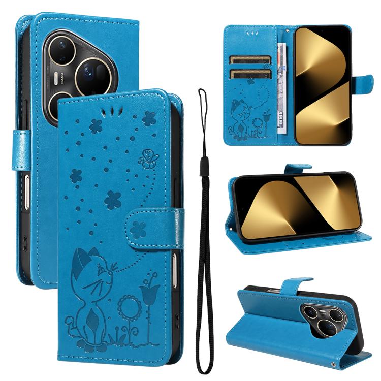 Cat and Bee Embossed Flip Leather Phone Case, For Huawei Pura 90 Pro Max 5G, For Huawei Pura 90 Pro 5G, For Huawei Pura 90 5G, For Huawei Nova 14 Lite / Nova 14, For Huawei Pura 80 Ultra 5G, For Huawei Pura 80 Pro 5G, For Huawei Pura 80 5G