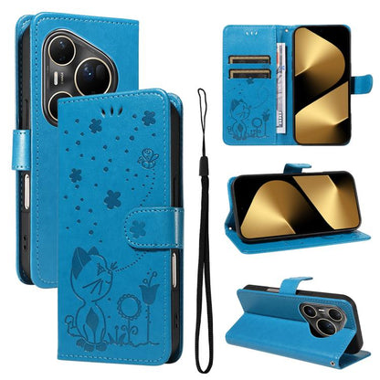 Cat and Bee Embossed Flip Leather Phone Case, For Huawei Pura 90 Pro Max 5G, For Huawei Pura 90 Pro 5G, For Huawei Pura 90 5G, For Huawei Nova 14 Lite / Nova 14, For Huawei Pura 80 Ultra 5G, For Huawei Pura 80 Pro 5G, For Huawei Pura 80 5G
