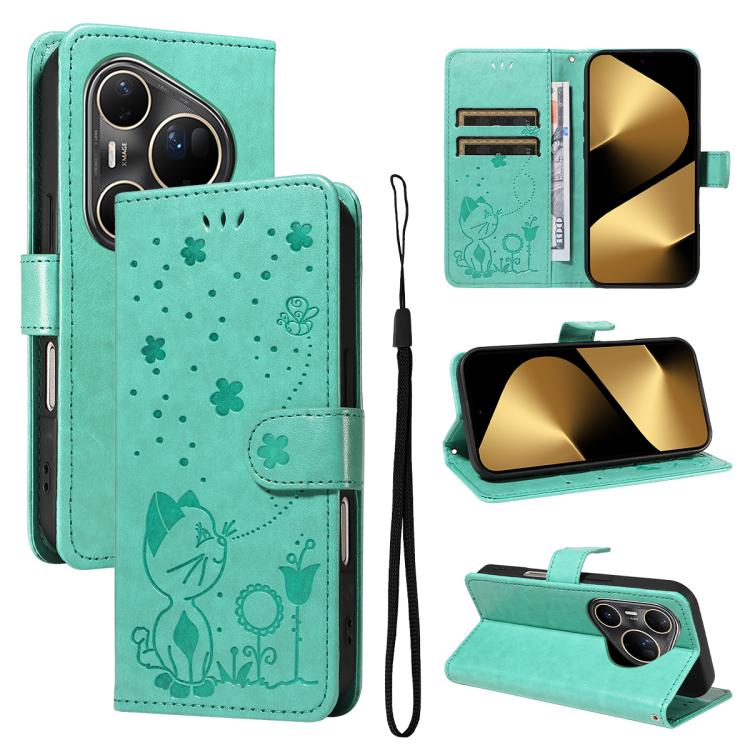 Cat and Bee Embossed Flip Leather Phone Case, For Huawei Pura 90 Pro Max 5G, For Huawei Pura 90 Pro 5G, For Huawei Pura 90 5G, For Huawei Nova 14 Lite / Nova 14, For Huawei Pura 80 Ultra 5G, For Huawei Pura 80 Pro 5G, For Huawei Pura 80 5G