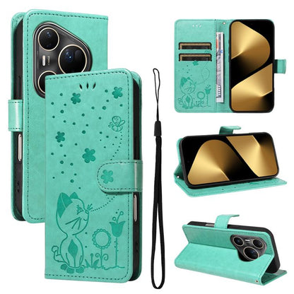 Cat and Bee Embossed Flip Leather Phone Case, For Huawei Pura 90 Pro Max 5G, For Huawei Pura 90 Pro 5G, For Huawei Pura 90 5G, For Huawei Nova 14 Lite / Nova 14, For Huawei Pura 80 Ultra 5G, For Huawei Pura 80 Pro 5G, For Huawei Pura 80 5G