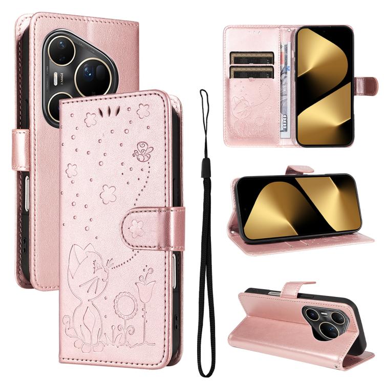 Cat and Bee Embossed Flip Leather Phone Case, For Huawei Pura 90 Pro Max 5G, For Huawei Pura 90 Pro 5G, For Huawei Pura 90 5G, For Huawei Nova 14 Lite / Nova 14, For Huawei Pura 80 Ultra 5G, For Huawei Pura 80 Pro 5G, For Huawei Pura 80 5G