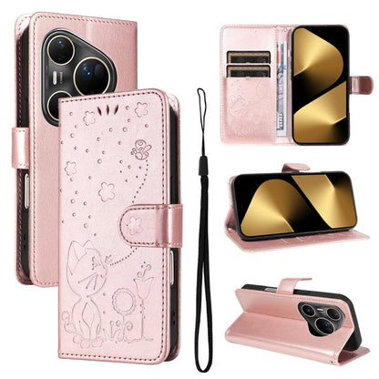 Cat and Bee Embossed Flip Leather Phone Case, For Huawei Pura 90 Pro Max 5G, For Huawei Pura 90 Pro 5G, For Huawei Pura 90 5G, For Huawei Nova 14 Lite / Nova 14, For Huawei Pura 80 Ultra 5G, For Huawei Pura 80 Pro 5G, For Huawei Pura 80 5G