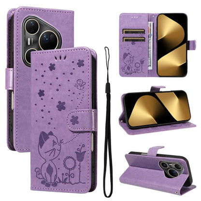 Cat and Bee Embossed Flip Leather Phone Case, For Huawei Pura 90 Pro Max 5G, For Huawei Pura 90 Pro 5G, For Huawei Pura 90 5G, For Huawei Nova 14 Lite / Nova 14, For Huawei Pura 80 Ultra 5G, For Huawei Pura 80 Pro 5G, For Huawei Pura 80 5G