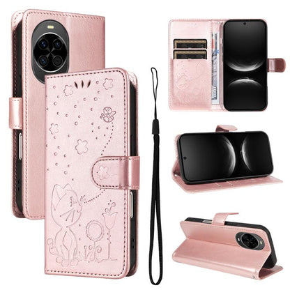 Cat and Bee Embossed Flip Leather Phone Case, For Huawei Pura 90 Pro Max 5G, For Huawei Pura 90 Pro 5G, For Huawei Pura 90 5G, For Huawei Nova 14 Lite / Nova 14, For Huawei Pura 80 Ultra 5G, For Huawei Pura 80 Pro 5G, For Huawei Pura 80 5G