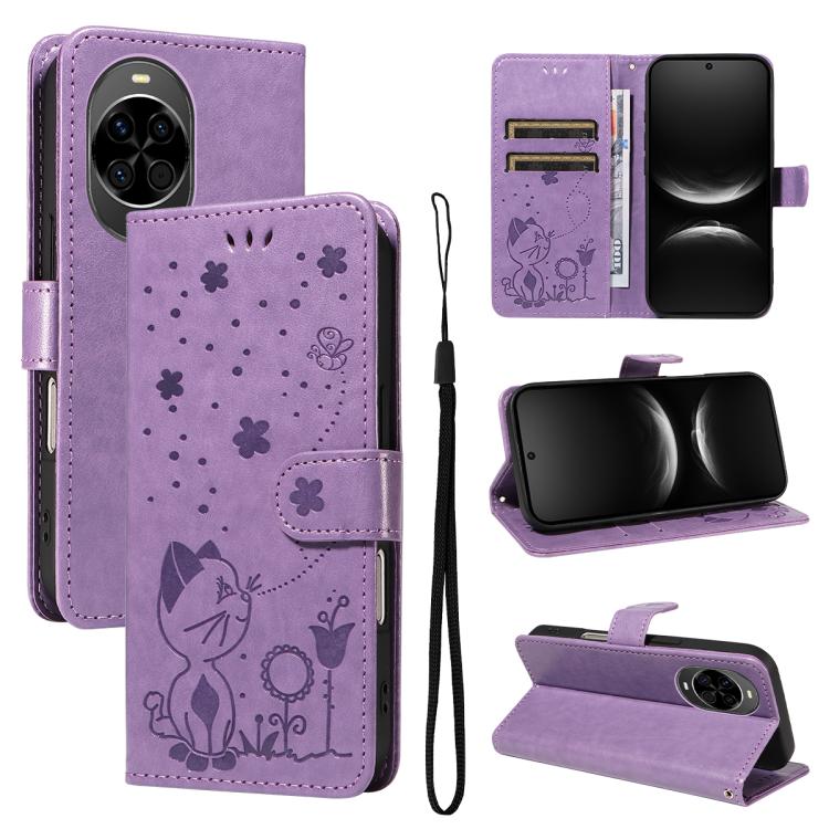 Cat and Bee Embossed Flip Leather Phone Case, For Huawei Pura 90 Pro Max 5G, For Huawei Pura 90 Pro 5G, For Huawei Pura 90 5G, For Huawei Nova 14 Lite / Nova 14, For Huawei Pura 80 Ultra 5G, For Huawei Pura 80 Pro 5G, For Huawei Pura 80 5G
