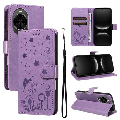 Cat and Bee Embossed Flip Leather Phone Case, For Huawei Pura 90 Pro Max 5G, For Huawei Pura 90 Pro 5G, For Huawei Pura 90 5G, For Huawei Nova 14 Lite / Nova 14, For Huawei Pura 80 Ultra 5G, For Huawei Pura 80 Pro 5G, For Huawei Pura 80 5G