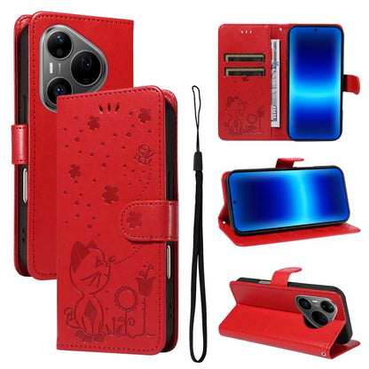 Cat and Bee Embossed Flip Leather Phone Case, For Huawei Pura 90 Pro Max 5G, For Huawei Pura 90 Pro 5G, For Huawei Pura 90 5G, For Huawei Nova 14 Lite / Nova 14, For Huawei Pura 80 Ultra 5G, For Huawei Pura 80 Pro 5G, For Huawei Pura 80 5G