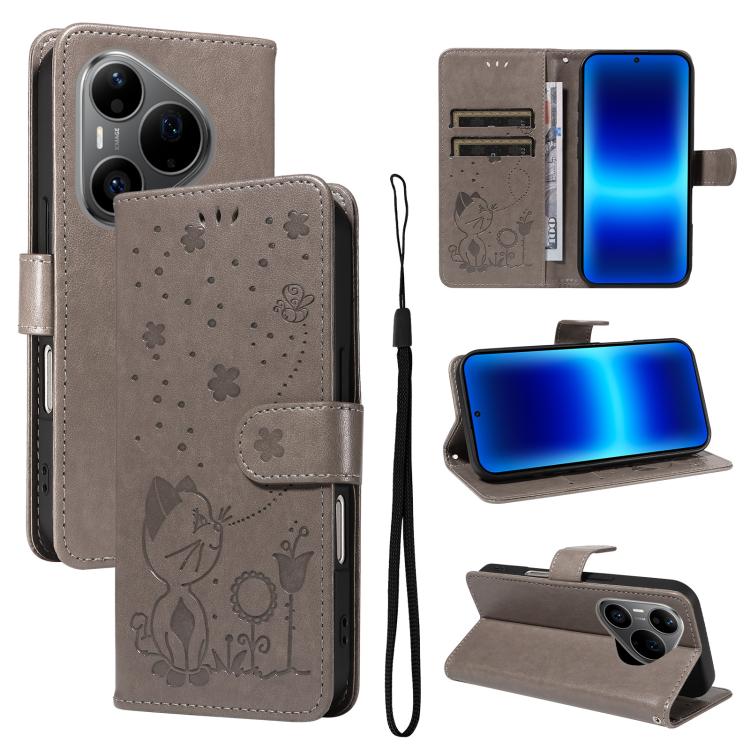 Cat and Bee Embossed Flip Leather Phone Case, For Huawei Pura 90 Pro Max 5G, For Huawei Pura 90 Pro 5G, For Huawei Pura 90 5G, For Huawei Nova 14 Lite / Nova 14, For Huawei Pura 80 Ultra 5G, For Huawei Pura 80 Pro 5G, For Huawei Pura 80 5G