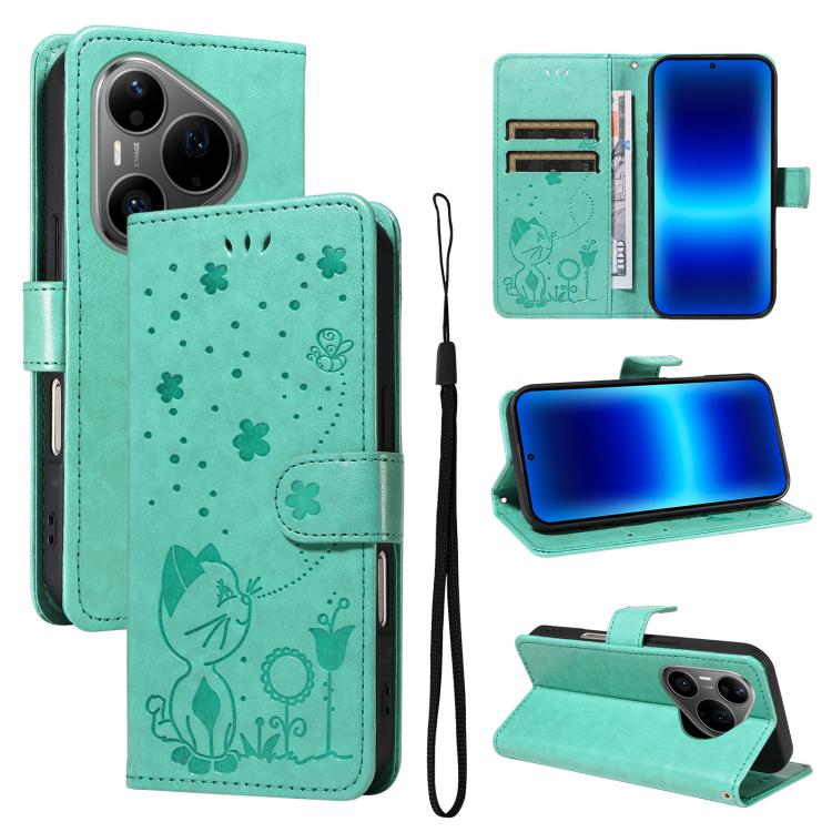 Cat and Bee Embossed Flip Leather Phone Case, For Huawei Pura 90 Pro Max 5G, For Huawei Pura 90 Pro 5G, For Huawei Pura 90 5G, For Huawei Nova 14 Lite / Nova 14, For Huawei Pura 80 Ultra 5G, For Huawei Pura 80 Pro 5G, For Huawei Pura 80 5G
