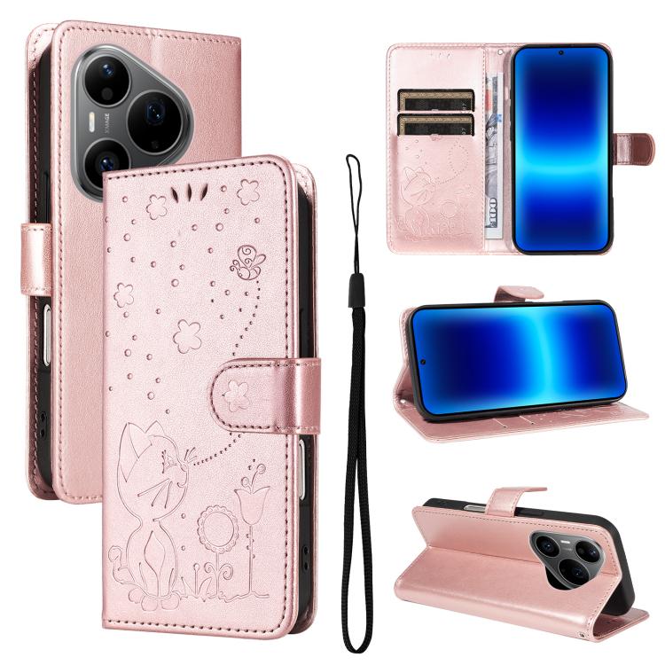 Cat and Bee Embossed Flip Leather Phone Case, For Huawei Pura 90 Pro Max 5G, For Huawei Pura 90 Pro 5G, For Huawei Pura 90 5G, For Huawei Nova 14 Lite / Nova 14, For Huawei Pura 80 Ultra 5G, For Huawei Pura 80 Pro 5G, For Huawei Pura 80 5G