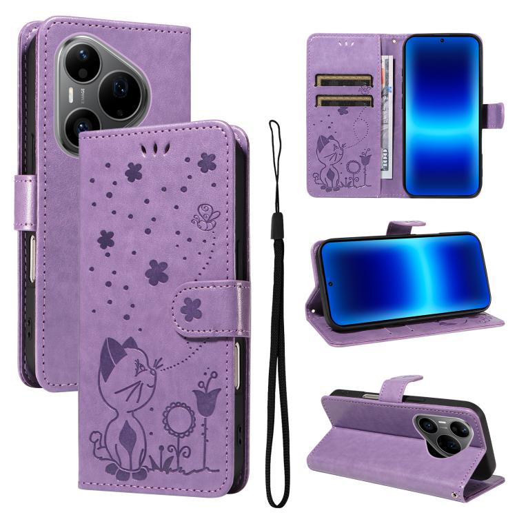 Cat and Bee Embossed Flip Leather Phone Case, For Huawei Pura 90 Pro Max 5G, For Huawei Pura 90 Pro 5G, For Huawei Pura 90 5G, For Huawei Nova 14 Lite / Nova 14, For Huawei Pura 80 Ultra 5G, For Huawei Pura 80 Pro 5G, For Huawei Pura 80 5G
