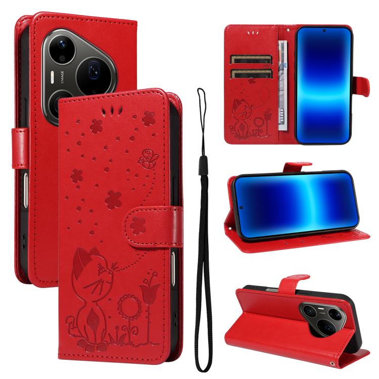 Cat and Bee Embossed Flip Leather Phone Case, For Huawei Pura 90 Pro Max 5G, For Huawei Pura 90 Pro 5G, For Huawei Pura 90 5G, For Huawei Nova 14 Lite / Nova 14, For Huawei Pura 80 Ultra 5G, For Huawei Pura 80 Pro 5G, For Huawei Pura 80 5G