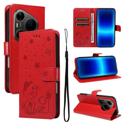 Cat and Bee Embossed Flip Leather Phone Case, For Huawei Pura 90 Pro Max 5G, For Huawei Pura 90 Pro 5G, For Huawei Pura 90 5G, For Huawei Nova 14 Lite / Nova 14, For Huawei Pura 80 Ultra 5G, For Huawei Pura 80 Pro 5G, For Huawei Pura 80 5G