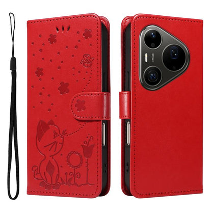 Cat and Bee Embossed Flip Leather Phone Case, For Huawei Pura 90 Pro Max 5G, For Huawei Pura 90 Pro 5G, For Huawei Pura 90 5G, For Huawei Nova 14 Lite / Nova 14, For Huawei Pura 80 Ultra 5G, For Huawei Pura 80 Pro 5G, For Huawei Pura 80 5G