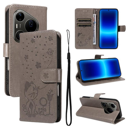 Cat and Bee Embossed Flip Leather Phone Case, For Huawei Pura 90 Pro Max 5G, For Huawei Pura 90 Pro 5G, For Huawei Pura 90 5G, For Huawei Nova 14 Lite / Nova 14, For Huawei Pura 80 Ultra 5G, For Huawei Pura 80 Pro 5G, For Huawei Pura 80 5G