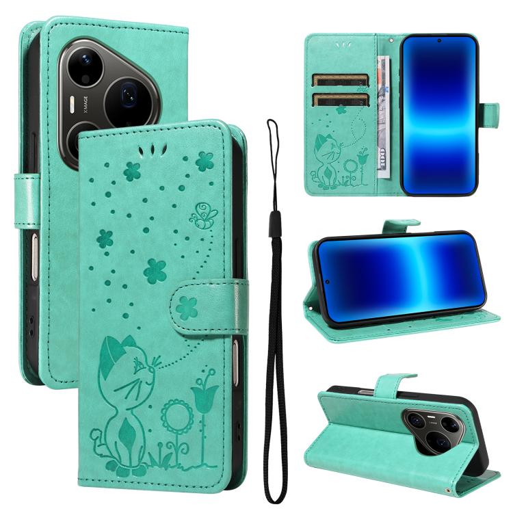 Cat and Bee Embossed Flip Leather Phone Case, For Huawei Pura 90 Pro Max 5G, For Huawei Pura 90 Pro 5G, For Huawei Pura 90 5G, For Huawei Nova 14 Lite / Nova 14, For Huawei Pura 80 Ultra 5G, For Huawei Pura 80 Pro 5G, For Huawei Pura 80 5G