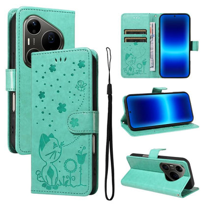 Cat and Bee Embossed Flip Leather Phone Case, For Huawei Pura 90 Pro Max 5G, For Huawei Pura 90 Pro 5G, For Huawei Pura 90 5G, For Huawei Nova 14 Lite / Nova 14, For Huawei Pura 80 Ultra 5G, For Huawei Pura 80 Pro 5G, For Huawei Pura 80 5G