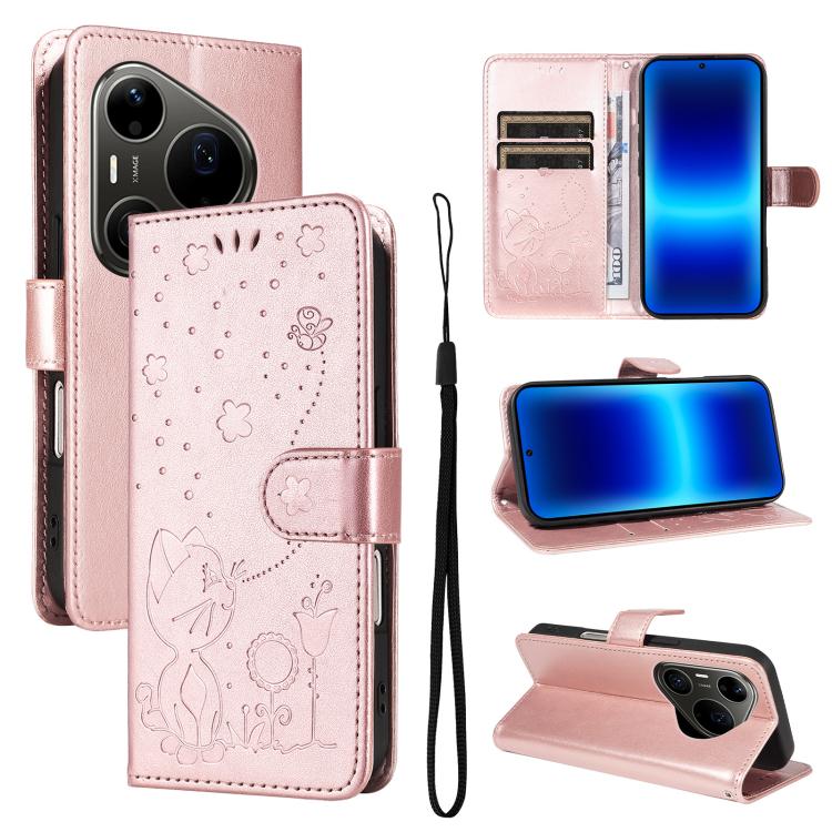 Cat and Bee Embossed Flip Leather Phone Case, For Huawei Pura 90 Pro Max 5G, For Huawei Pura 90 Pro 5G, For Huawei Pura 90 5G, For Huawei Nova 14 Lite / Nova 14, For Huawei Pura 80 Ultra 5G, For Huawei Pura 80 Pro 5G, For Huawei Pura 80 5G