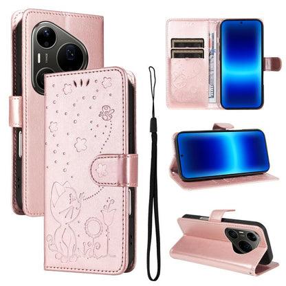 Cat and Bee Embossed Flip Leather Phone Case, For Huawei Pura 90 Pro Max 5G, For Huawei Pura 90 Pro 5G, For Huawei Pura 90 5G, For Huawei Nova 14 Lite / Nova 14, For Huawei Pura 80 Ultra 5G, For Huawei Pura 80 Pro 5G, For Huawei Pura 80 5G