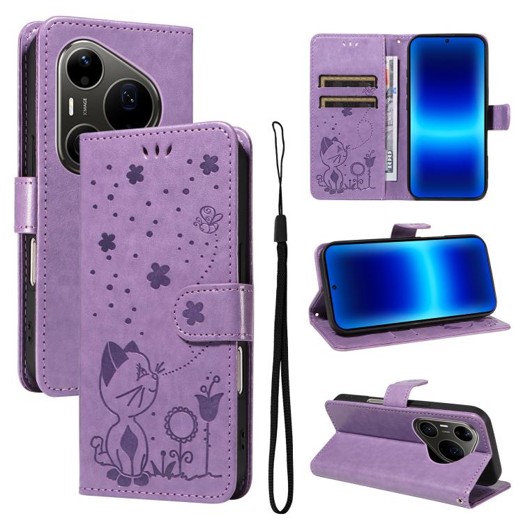 Cat and Bee Embossed Flip Leather Phone Case, For Huawei Pura 90 Pro Max 5G, For Huawei Pura 90 Pro 5G, For Huawei Pura 90 5G, For Huawei Nova 14 Lite / Nova 14, For Huawei Pura 80 Ultra 5G, For Huawei Pura 80 Pro 5G, For Huawei Pura 80 5G
