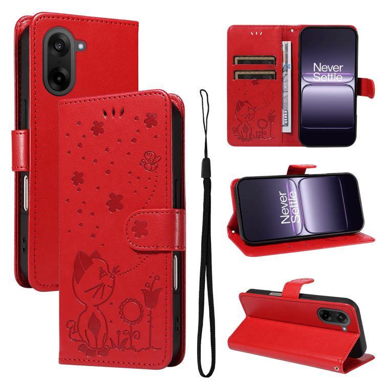 Cat and Bee Embossed Flip Leather Phone Case, For OnePlus Nord CE6 Lite/Turbo 6X 5G, For OnePlus Ace 6 Ultra, For OnePlus Ace 6, For OnePlus 15, For OnePlus ACE 5 Ultra, For OnePlus Nord CE5
