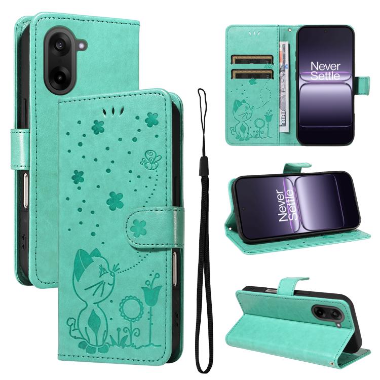 Cat and Bee Embossed Flip Leather Phone Case, For OnePlus Nord CE6 Lite/Turbo 6X 5G, For OnePlus Ace 6 Ultra, For OnePlus Ace 6, For OnePlus 15, For OnePlus ACE 5 Ultra, For OnePlus Nord CE5