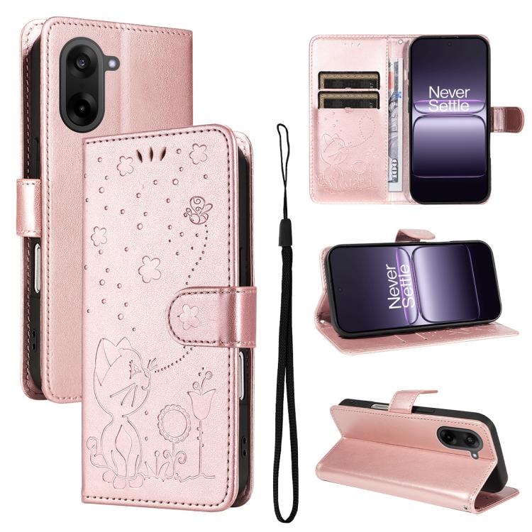 Cat and Bee Embossed Flip Leather Phone Case, For OnePlus Nord CE6 Lite/Turbo 6X 5G, For OnePlus Ace 6 Ultra, For OnePlus Ace 6, For OnePlus 15, For OnePlus ACE 5 Ultra, For OnePlus Nord CE5
